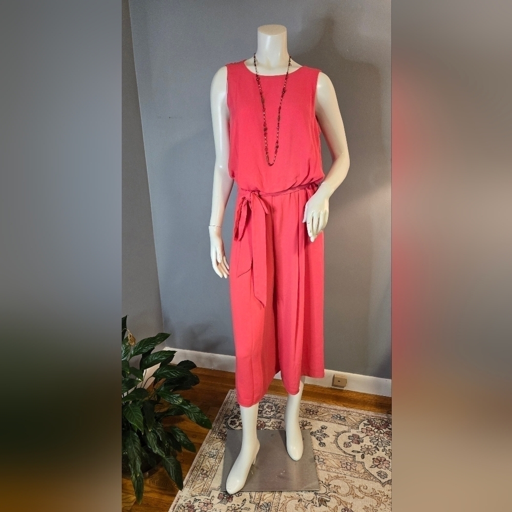 Vince Camuto Coral Sleeveless Hidden Back Zip Tie Waist Pockets Midi Jumper Sz 6